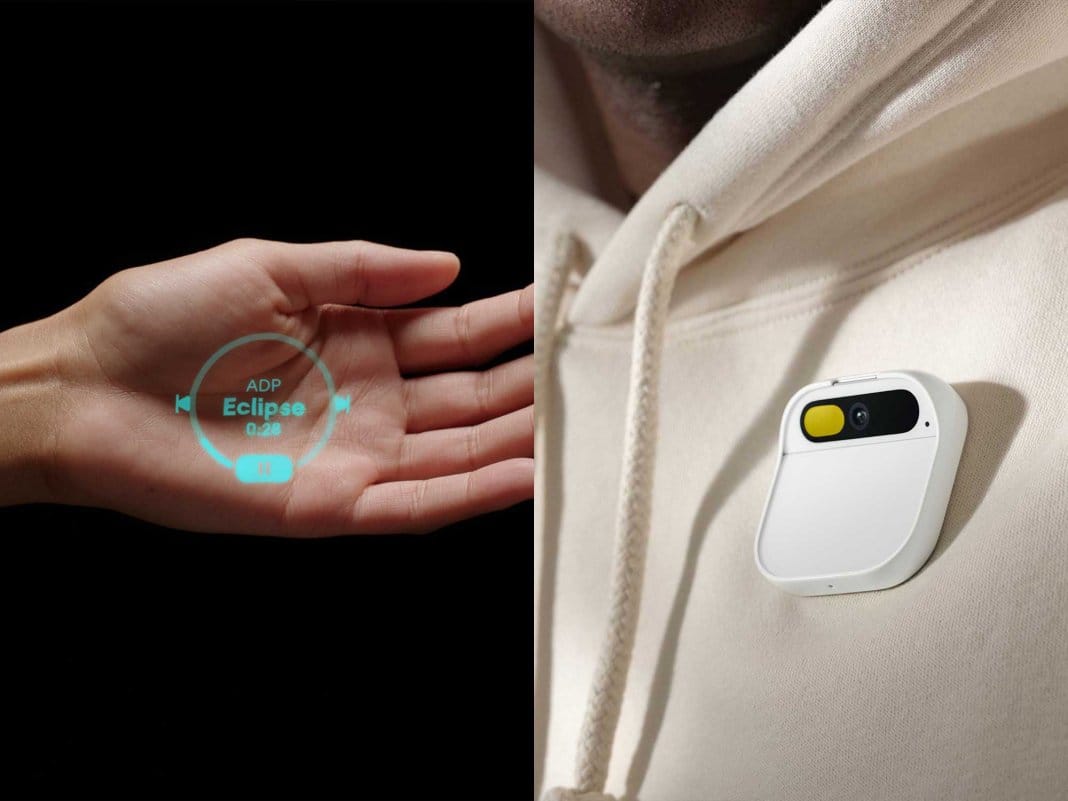 Left: projected interface on the user's hand. Right: the Pin being worn by the user